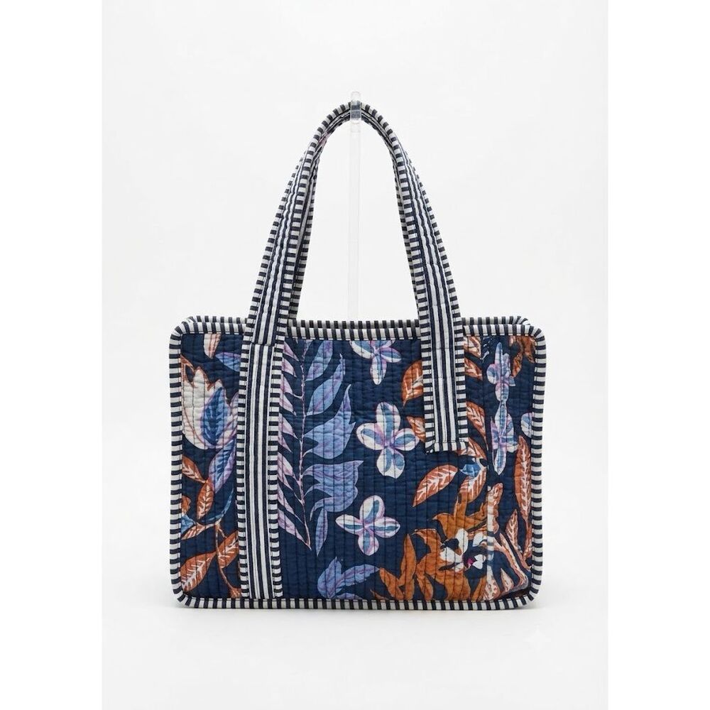 #271. POL Botanical Blue Cotton Quilted Artisan Hand Bag NWT